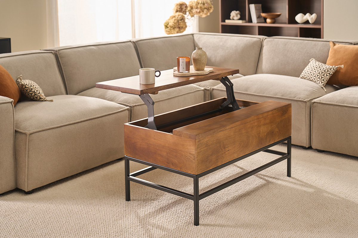 Industrieller Couchtisch mit Hochklappfunktion aus massivem, get�ntem Mangoholz und schwarzem Metall L90 cm YPSTER