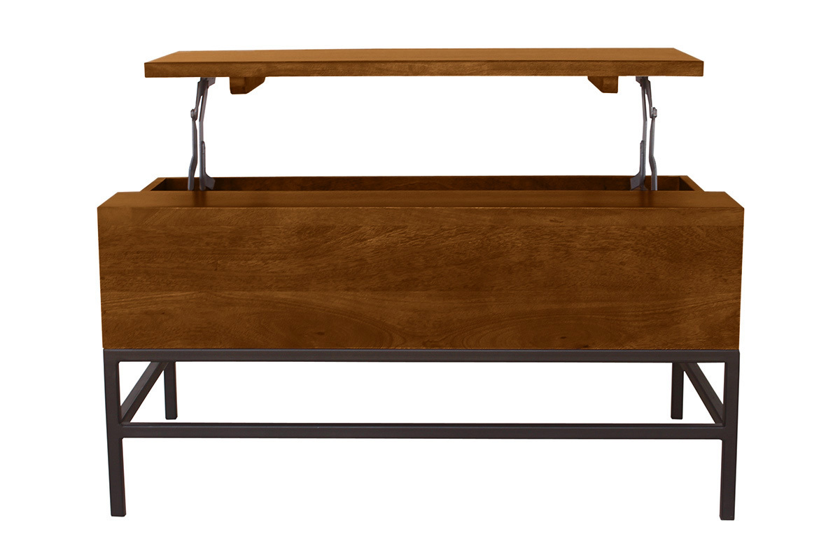 Industrieller Couchtisch mit Hochklappfunktion aus massivem, get�ntem Mangoholz und schwarzem Metall L90 cm YPSTER