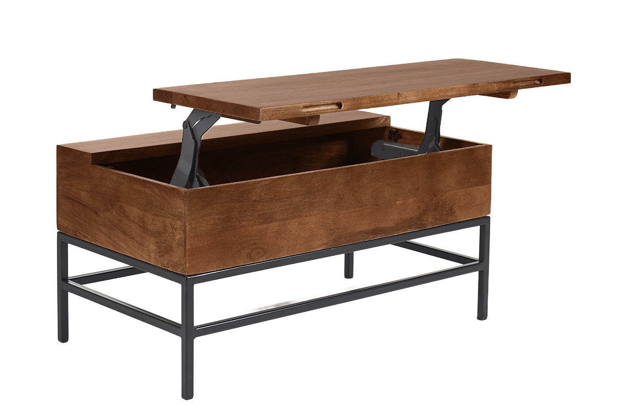 Industrieller Couchtisch mit Hochklappfunktion aus massivem, get�ntem Mangoholz und schwarzem Metall L90 cm YPSTER