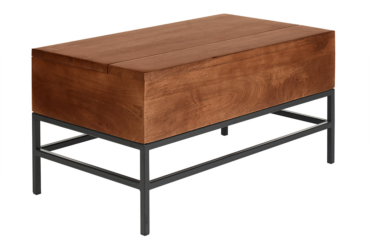 Industrieller Couchtisch mit Hochklappfunktion aus massivem, get�ntem Mangoholz und schwarzem Metall L90 cm YPSTER