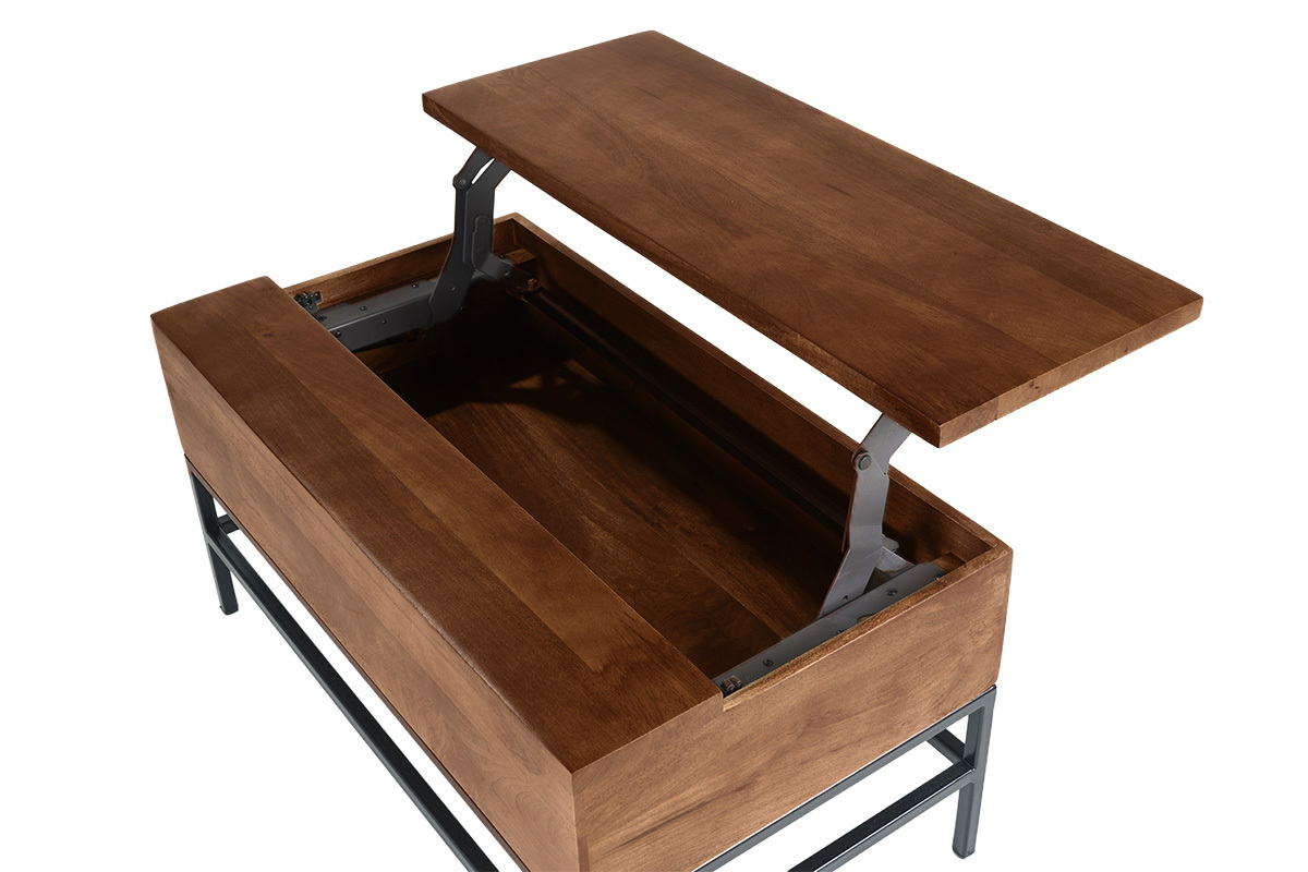 Industrieller Couchtisch mit Hochklappfunktion aus massivem, get�ntem Mangoholz und schwarzem Metall L90 cm YPSTER