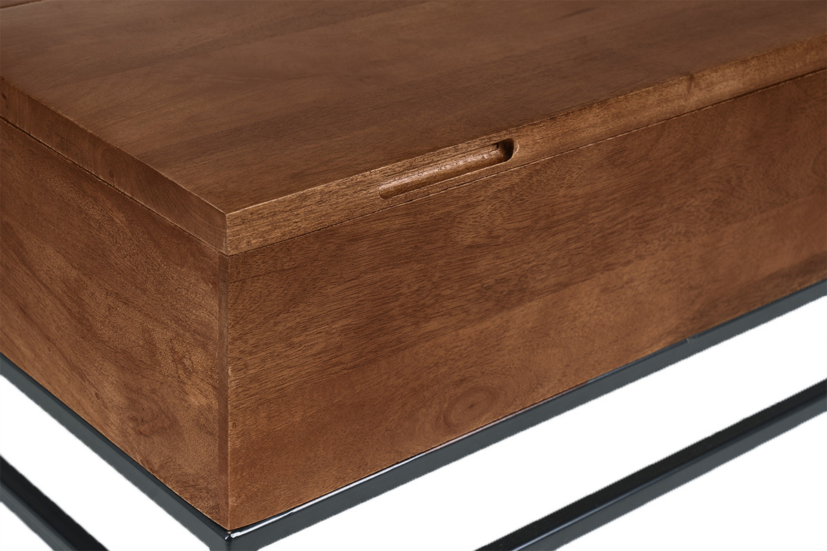 Industrieller Couchtisch mit Hochklappfunktion aus massivem, get�ntem Mangoholz und schwarzem Metall L90 cm YPSTER