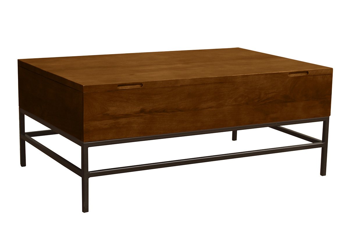 Industrieller hhenverstellbarer Couchtisch aus gefrbtem Massivmangoholz und schwarzem Metall L110 cm YPSTER