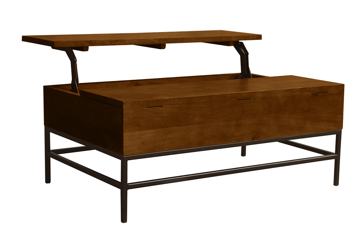Industrieller hhenverstellbarer Couchtisch aus gefrbtem Massivmangoholz und schwarzem Metall L110 cm YPSTER