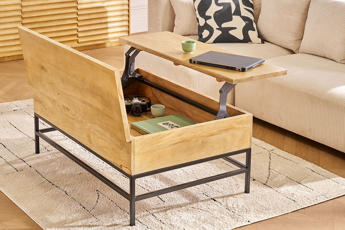 Industrieller hhenverstellbarer Couchtisch aus gefrbtem Massivmangoholz und schwarzem Metall L110 cm YPSTER
