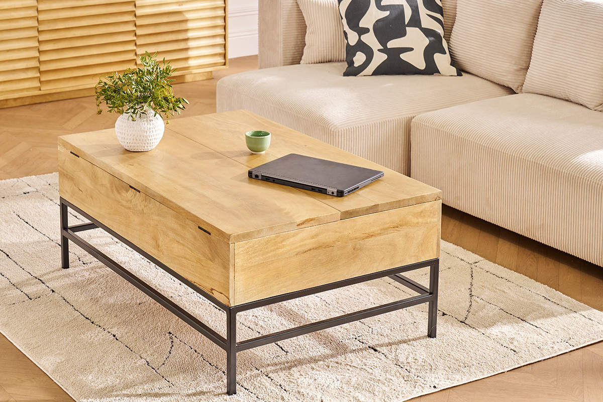 Industrieller hhenverstellbarer Couchtisch aus gefrbtem Massivmangoholz und schwarzem Metall L110 cm YPSTER
