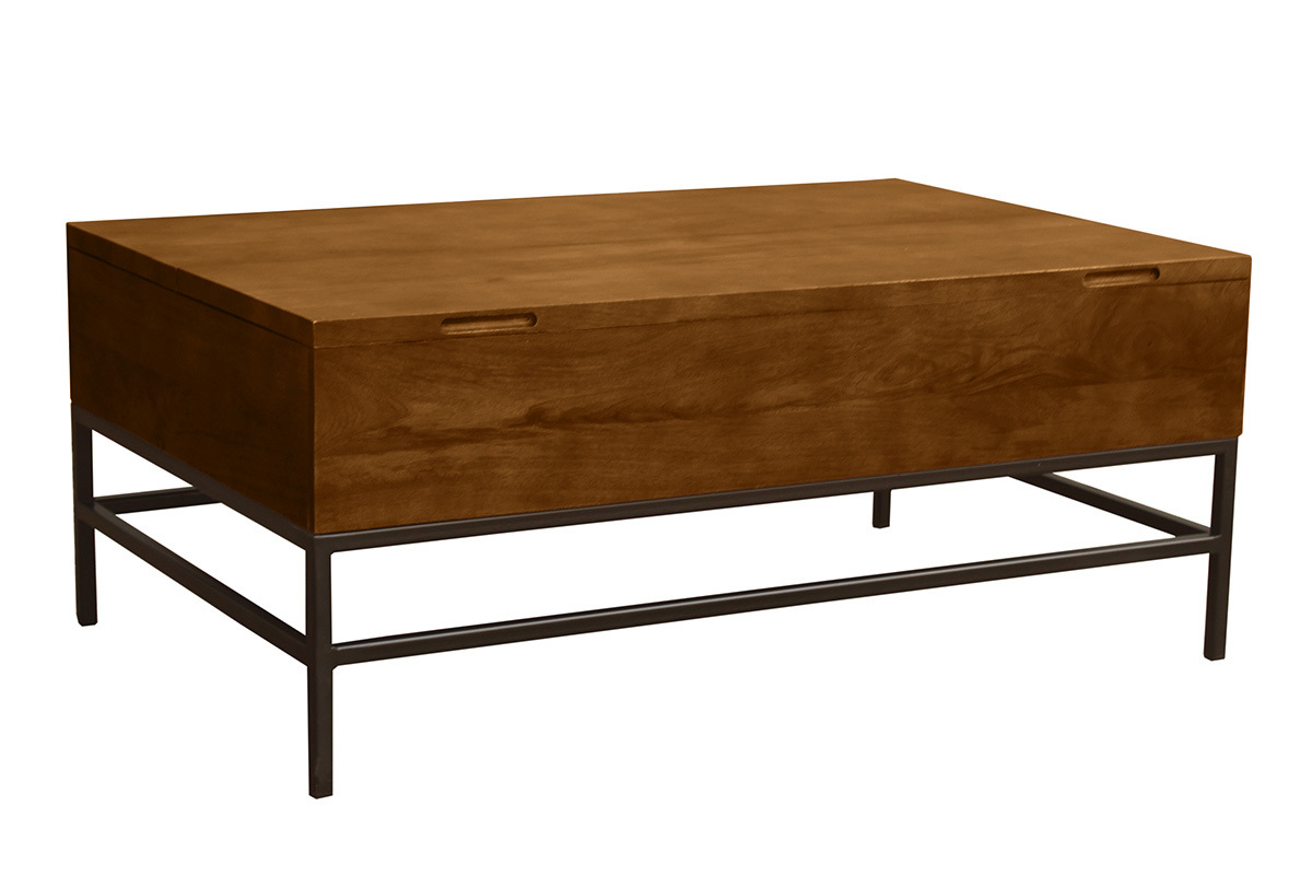 Industrieller hhenverstellbarer Couchtisch aus gefrbtem Massivmangoholz und schwarzem Metall L110 cm YPSTER