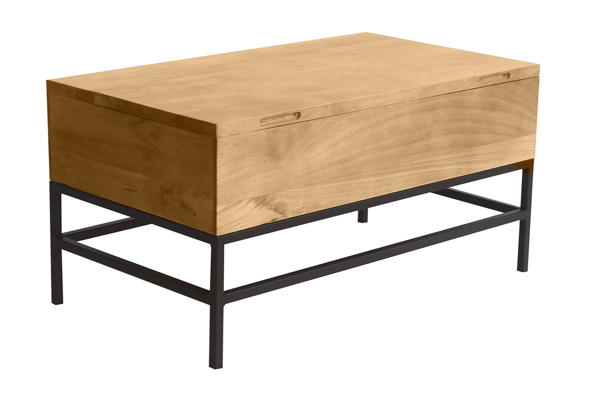 Industrieller hhenverstellbarer Couchtisch aus massivem Mangoholz und schwarzem Metall L90 cm YPSTER