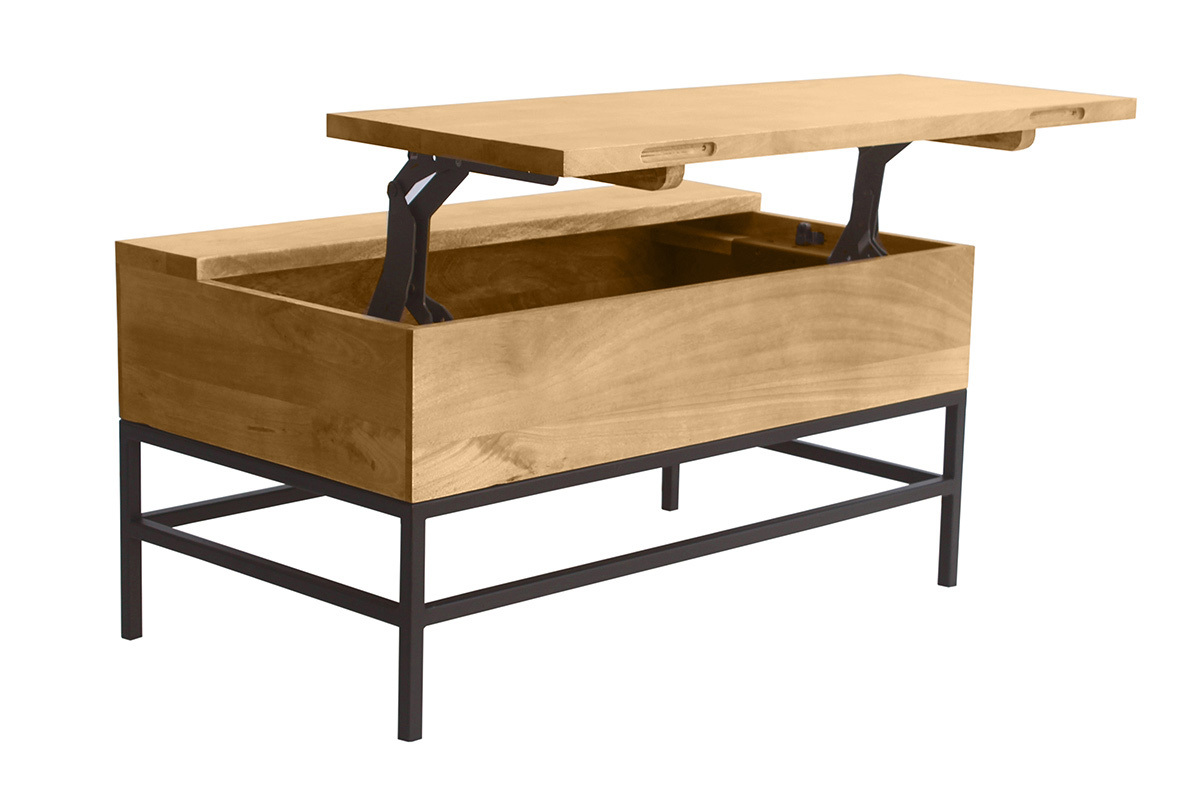 Industrieller hhenverstellbarer Couchtisch aus massivem Mangoholz und schwarzem Metall L90 cm YPSTER