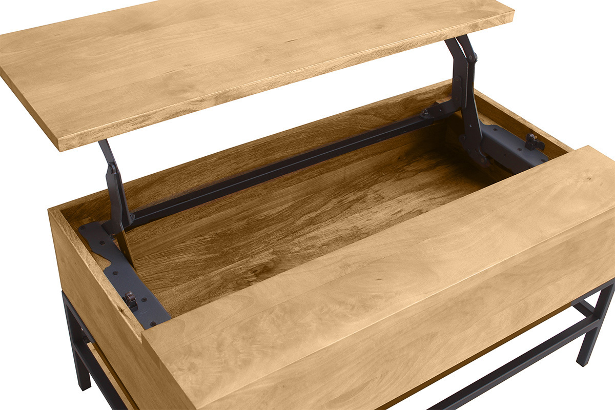Industrieller hhenverstellbarer Couchtisch aus massivem Mangoholz und schwarzem Metall L90 cm YPSTER