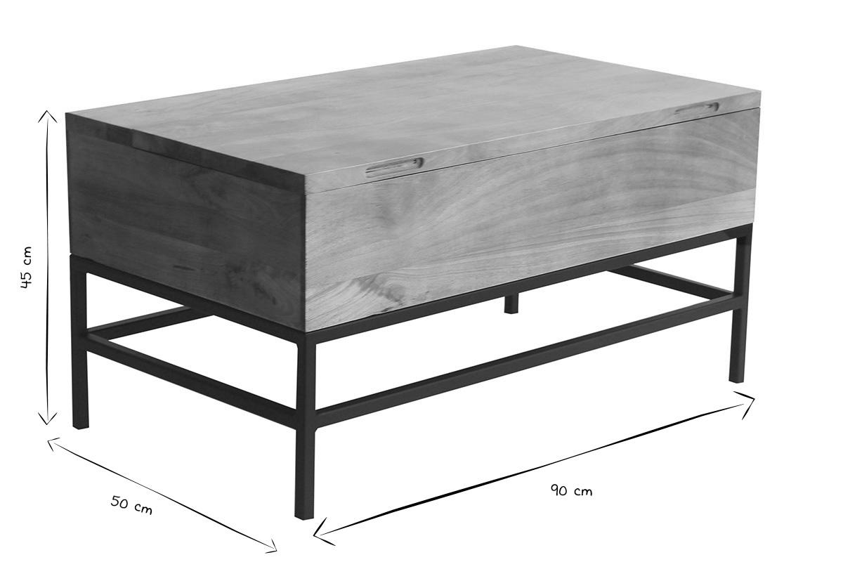 Industrieller hhenverstellbarer Couchtisch aus massivem Mangoholz und schwarzem Metall L90 cm YPSTER