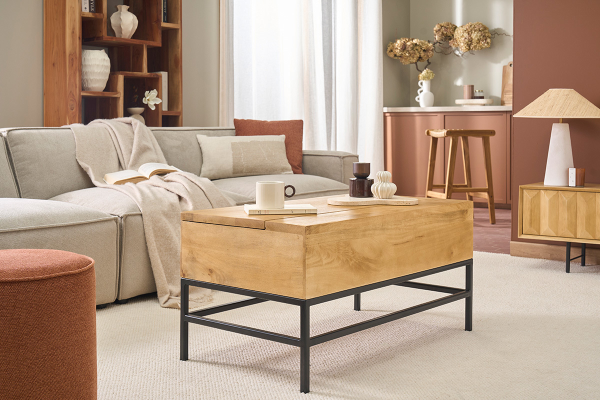 Industrieller h�henverstellbarer Couchtisch aus massivem Mangoholz und schwarzem Metall L90 cm YPSTER