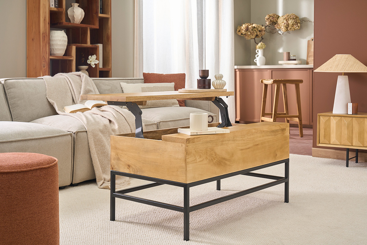 Industrieller h�henverstellbarer Couchtisch aus massivem Mangoholz und schwarzem Metall L90 cm YPSTER