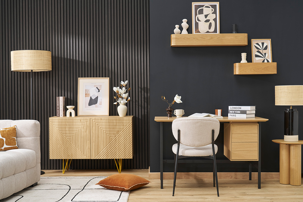 Industrieller Schreibtisch aus Eichenholz und schwarzem Metall mit 2 Schubladen L120 cm MAXENCE