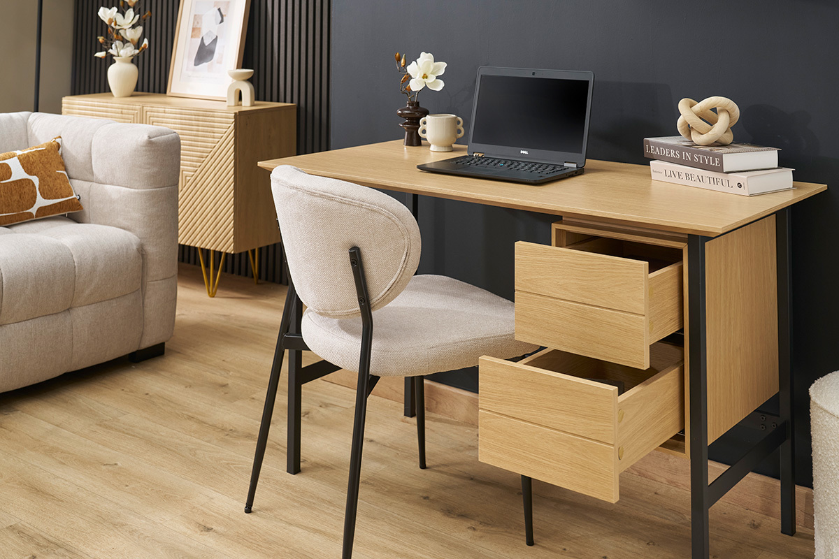 Industrieller Schreibtisch aus Eichenholz und schwarzem Metall mit 2 Schubladen L120 cm MAXENCE