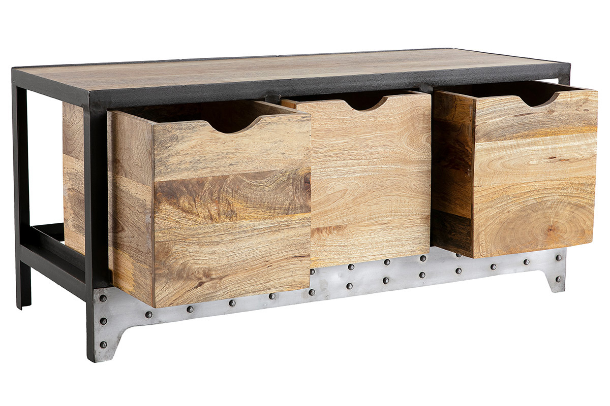 Industrielles Aufbewahrungsm�bel aus massivem Mangoholz und schwarzem Metall mit drei Schubladen, 3/4-Ansicht