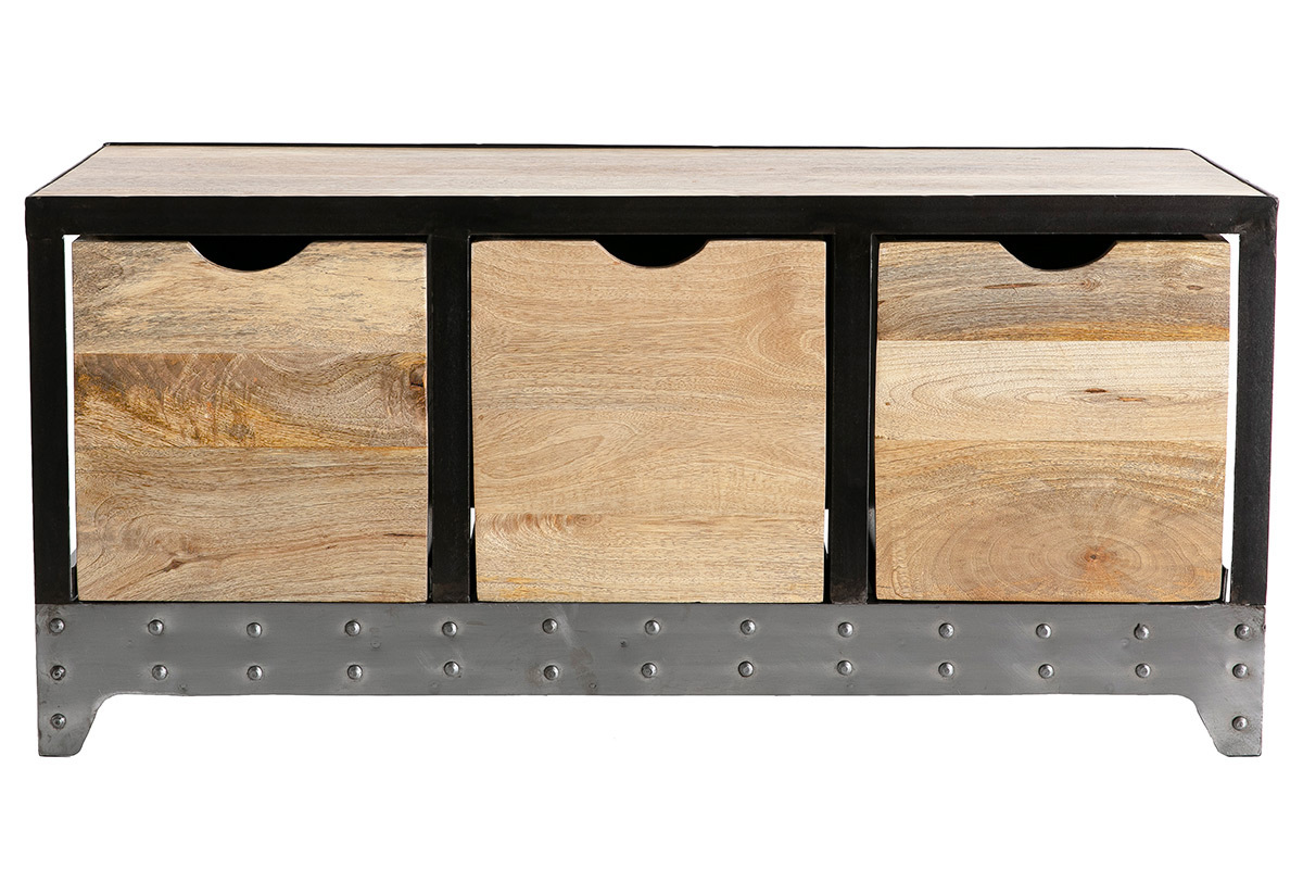Industrielles Aufbewahrungsm�bel aus massivem Mangoholz und schwarzem Metall mit 3 Schubladen, Vorderansicht.