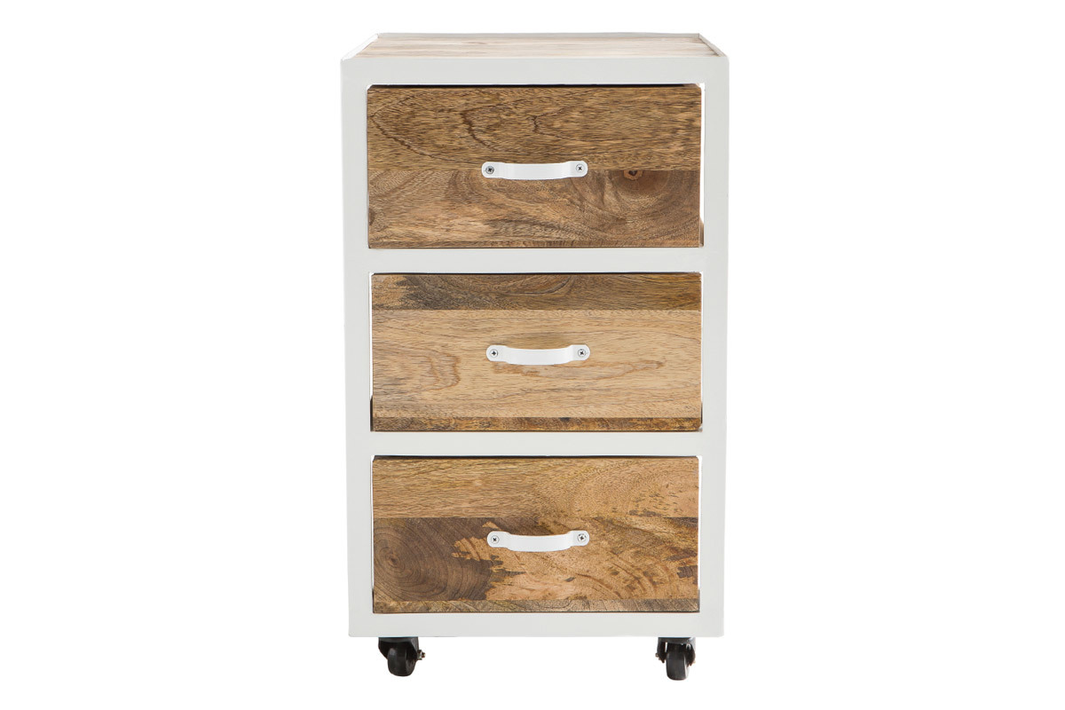 Industrielles Design-Schubladenelement PUKKA aus Mangoholz und weiem Metall