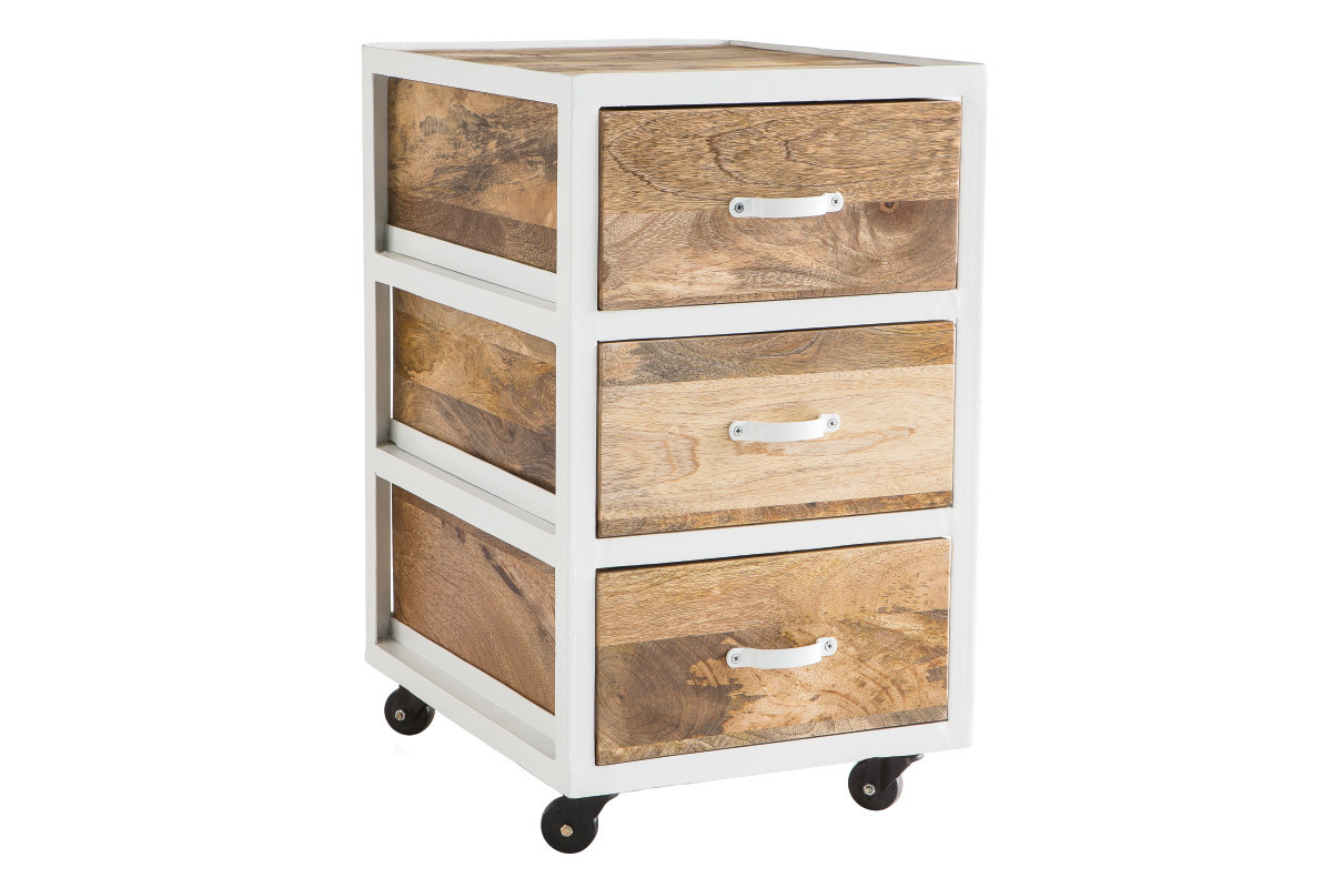 Industrielles Design-Schubladenelement PUKKA aus Mangoholz und weiem Metall