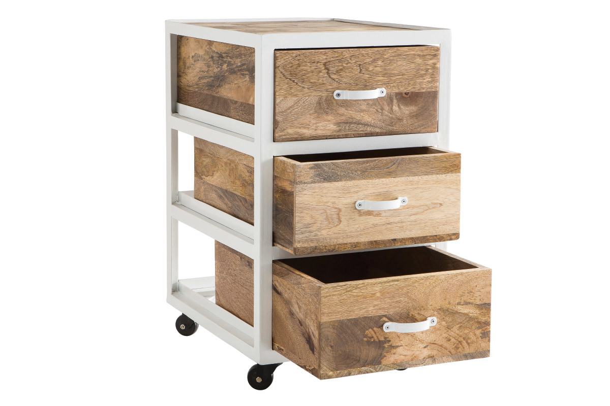 Industrielles Design-Schubladenelement PUKKA aus Mangoholz und weiem Metall