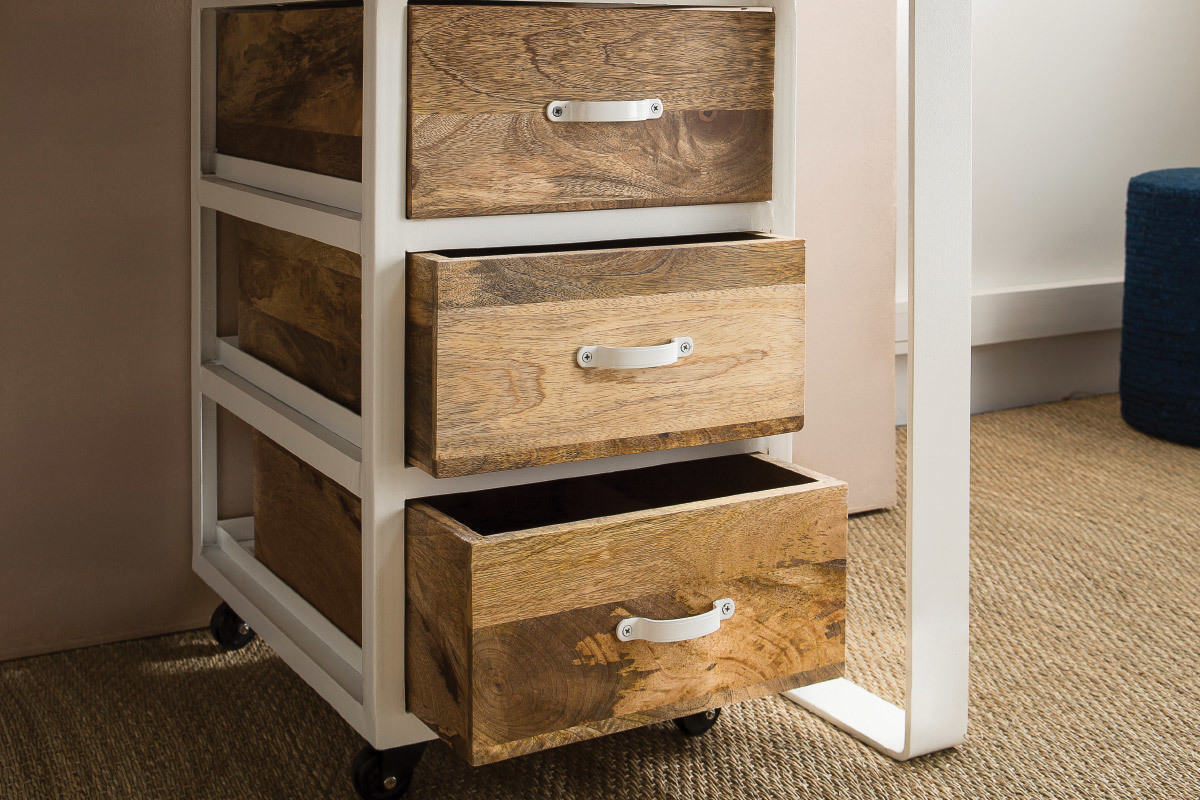 Industrielles Design-Schubladenelement PUKKA aus Mangoholz und weiem Metall
