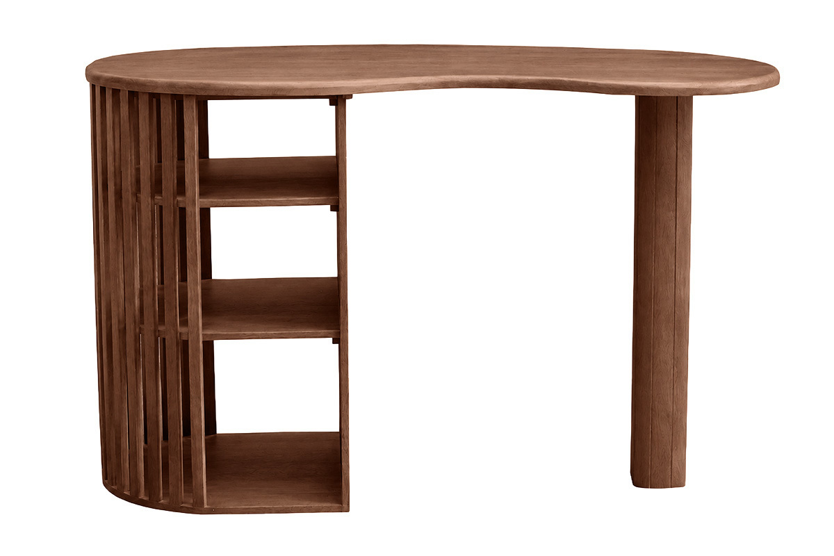 Bartisch LOBIO aus dunklem Holz mit Stauraum, dicke abgerundete Tischplatte, Vorderansicht.