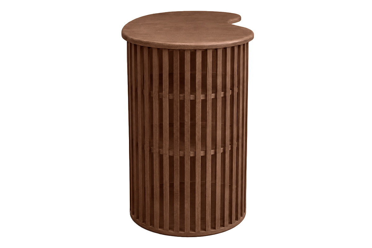 Runder Bartisch aus dunklem Holz mit Stauraum, organischem Design und abgerundeten Linien.