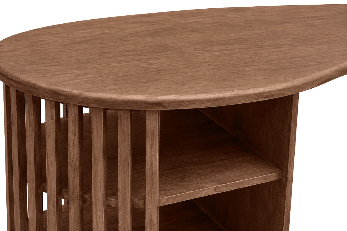 Bartisch aus massivem dunklem Mangoholz, abgerundete Tischplatte und seitlicher Stauraum, Nahaufnahme.