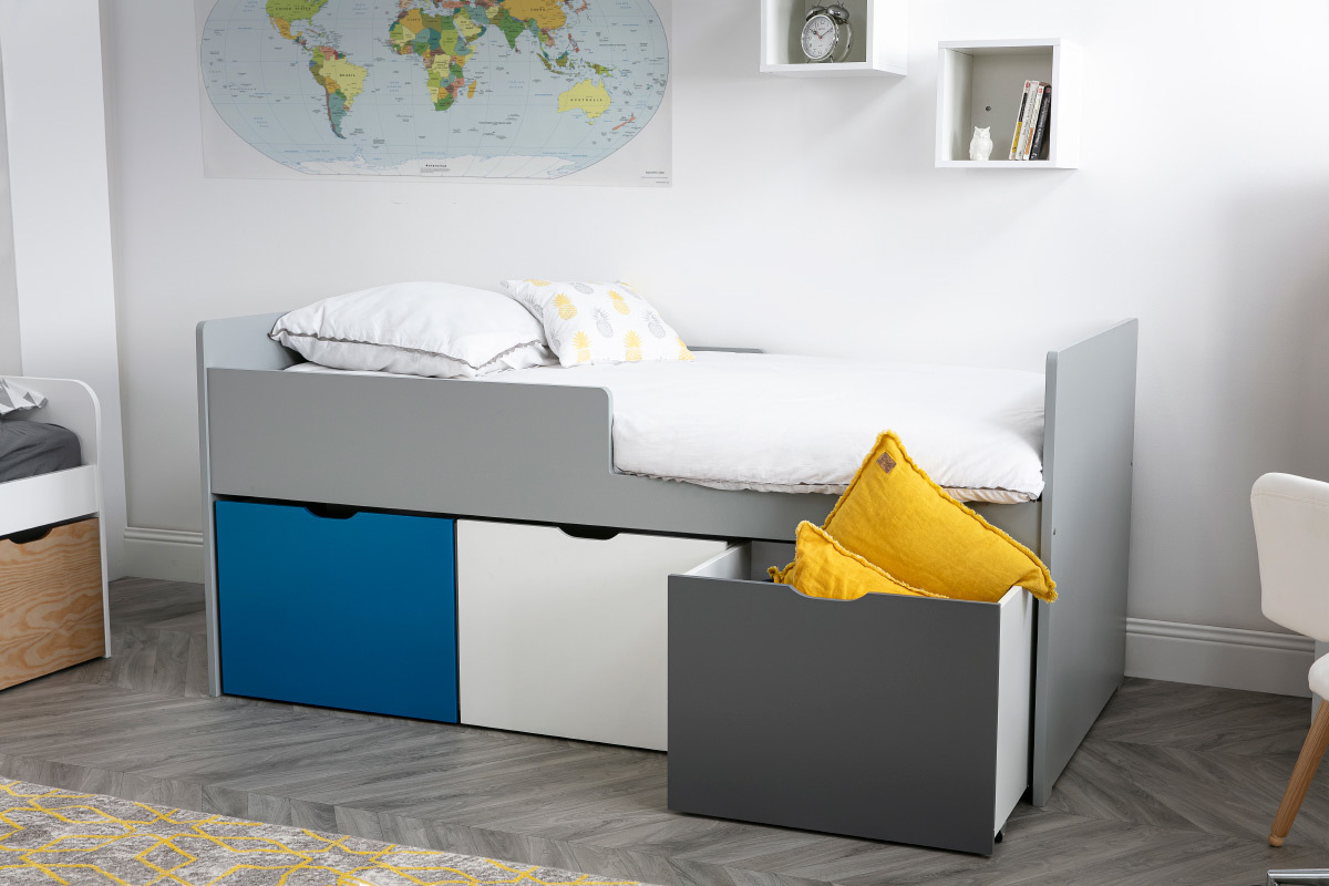 Kinderbett mit Schubladen 90x190 cm Blau, Wei und Grau JULES