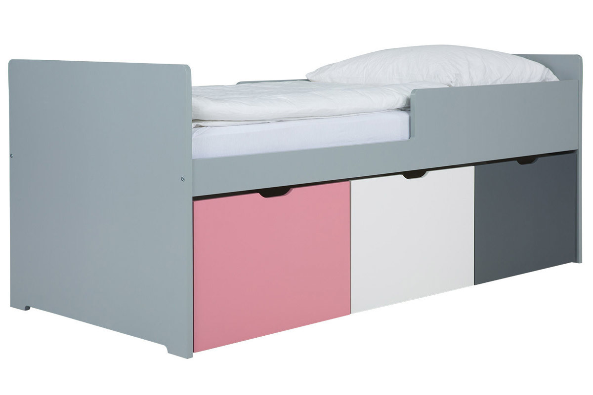 Kinderbett mit Schubladen 90x190 cm Rosa, Wei und Grau JULES