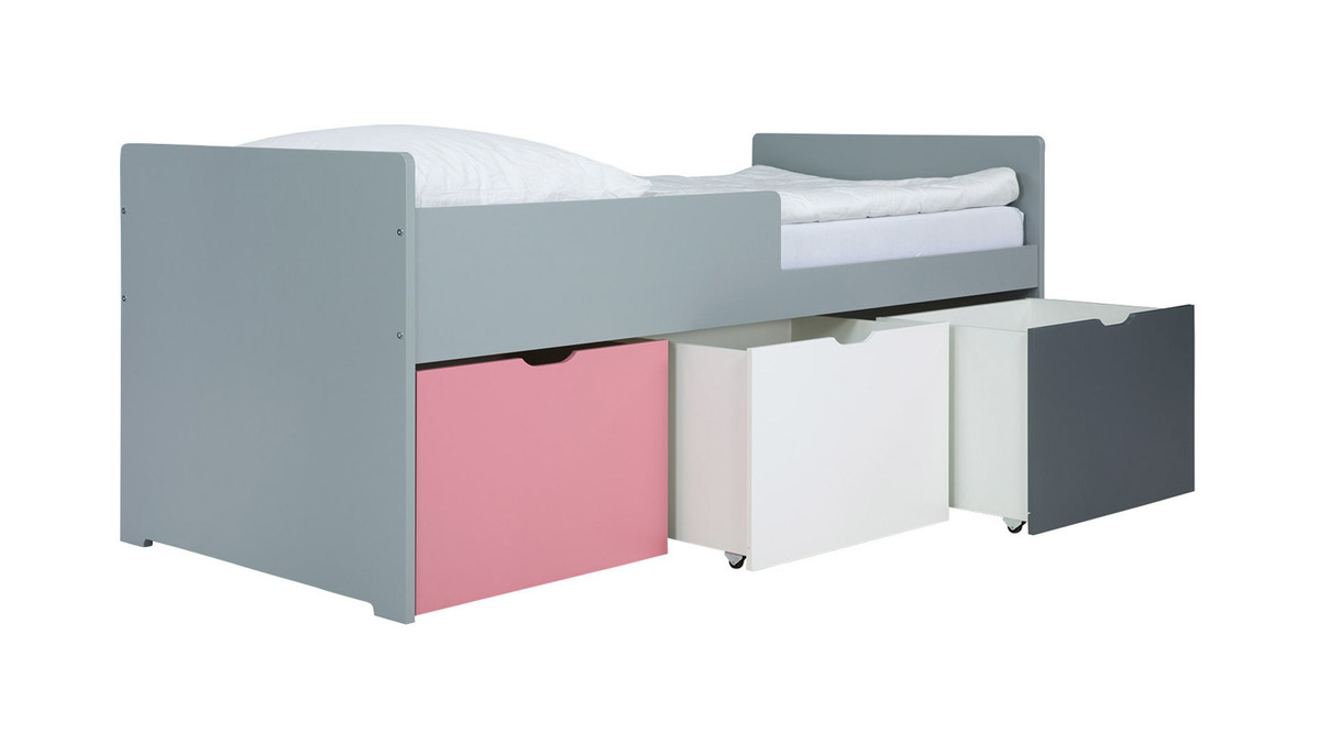 Kinderbett mit Schubladen 90x190 cm Rosa, Wei und Grau JULES