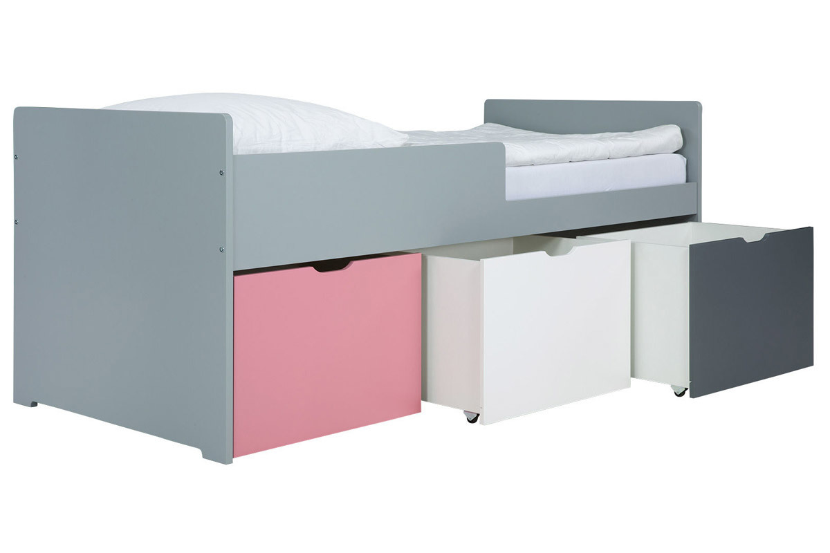 Kinderbett mit Schubladen 90x190 cm Rosa, Wei und Grau JULES