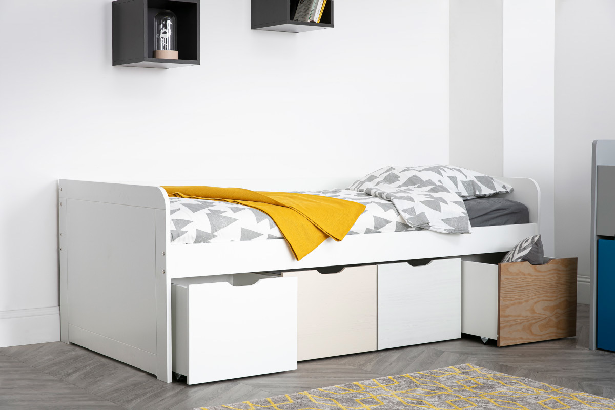 Kinderbett mit Stauraum 4 Schubladen Holz und Wei MOLENE