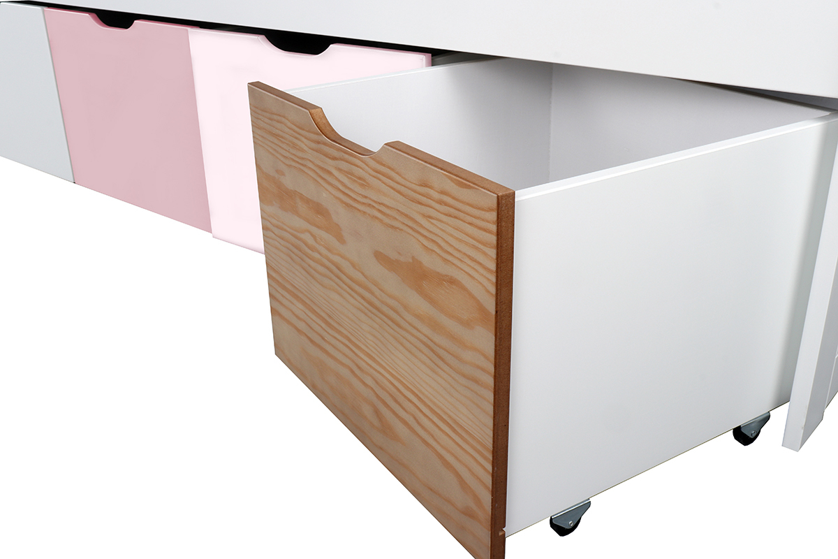 Kinderbett mit Stauraum 4 Schubladen Holz, Wei und Rosa MOLENE