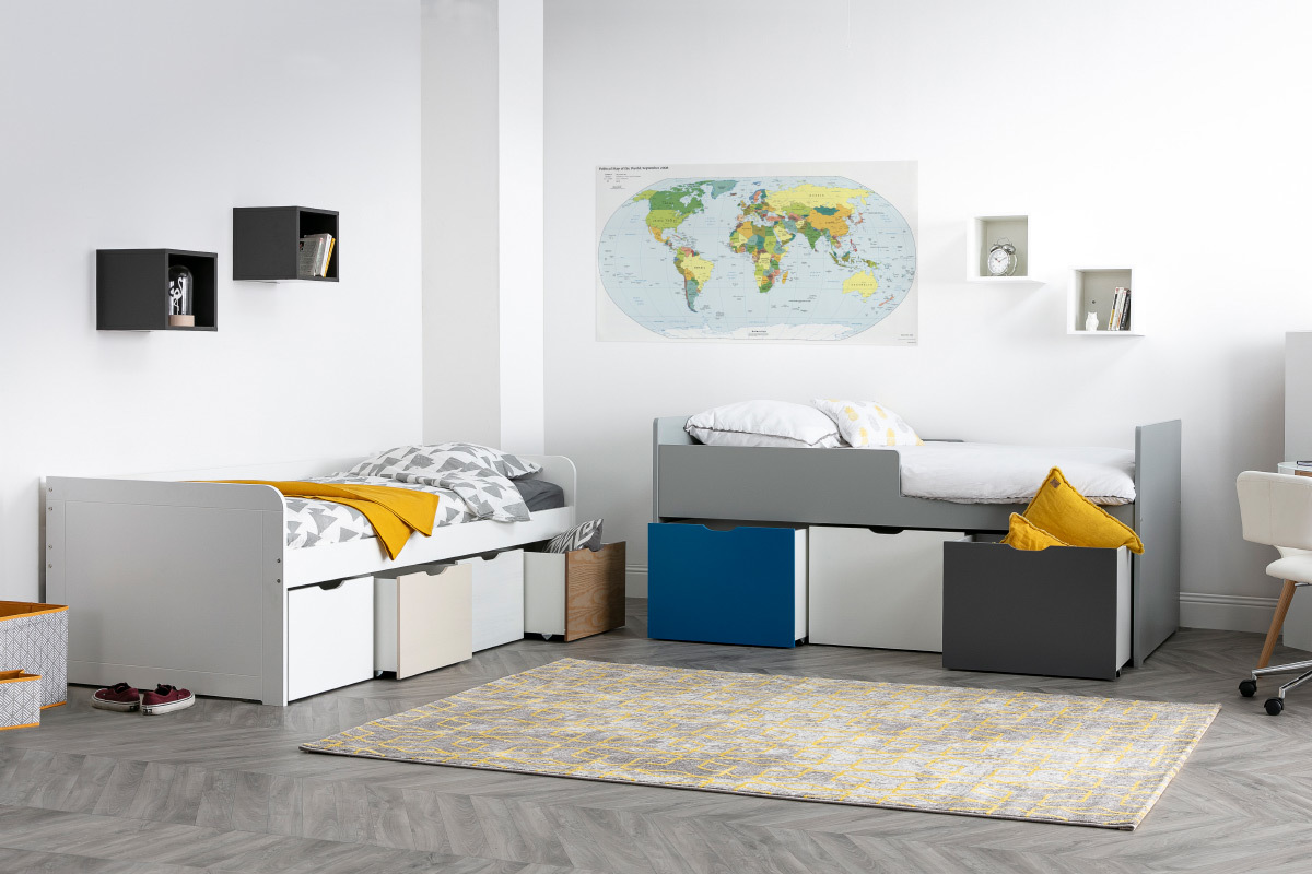 Kinderbett mit Stauraum 4 Schubladen Holz, Wei und Rosa MOLENE