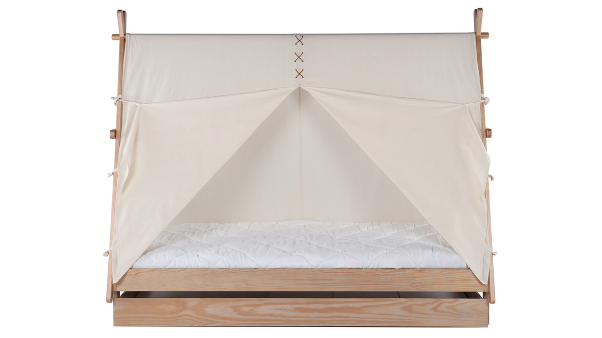 Kinderbett Tipi mit Aufbewahrung Holz und Baumwolle Naturfarben APACHE