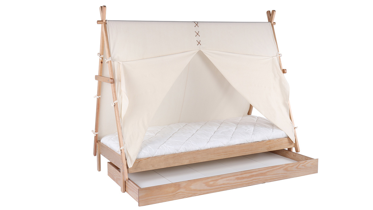 Kinderbett Tipi mit Aufbewahrung Holz und Baumwolle Naturfarben APACHE