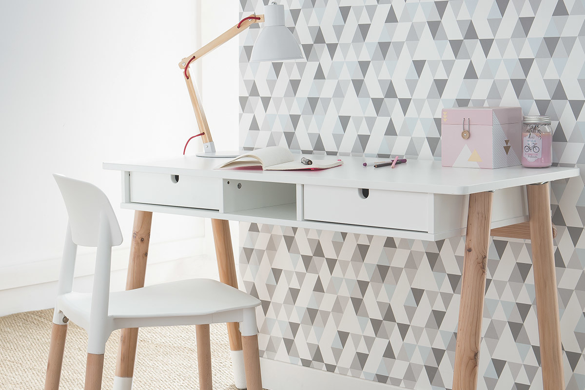 Kinderschreibtisch, in Wei und Holz, L120 cm PILOTI