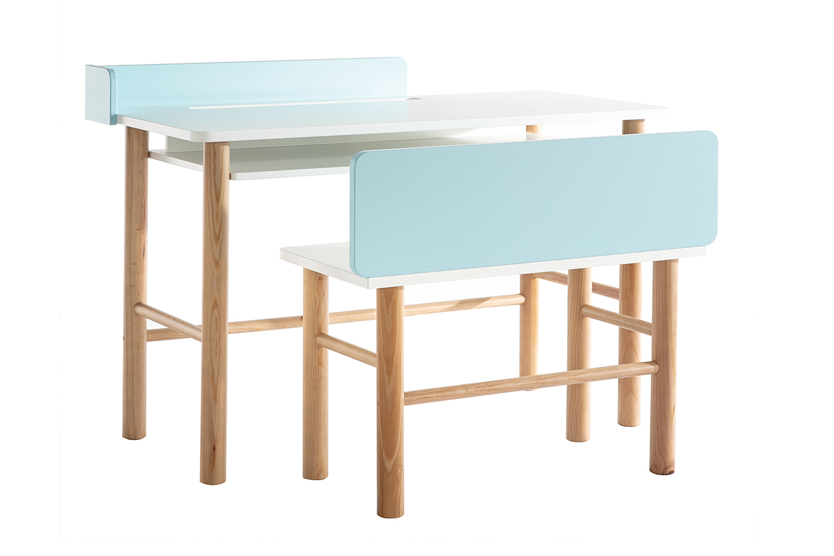 Kinderschreibtisch mit Bank Blau mit hellem Holz BERTY