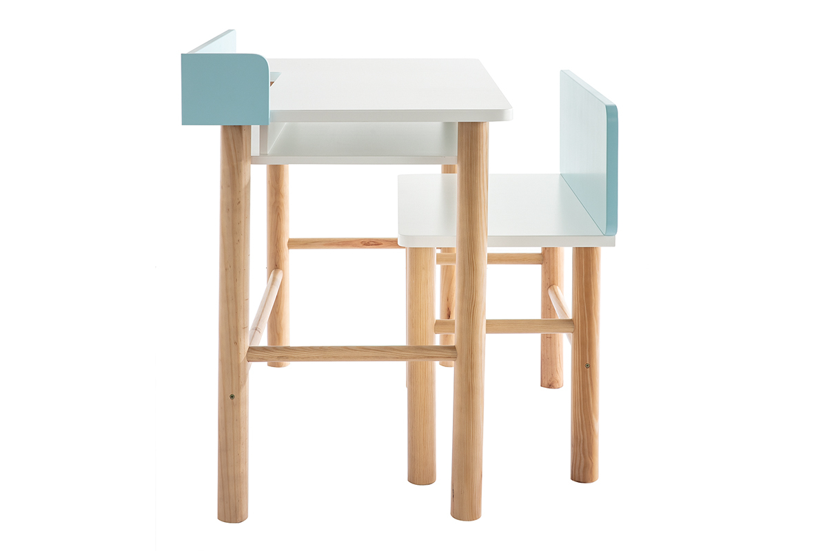 Kinderschreibtisch mit Bank Blau mit hellem Holz BERTY