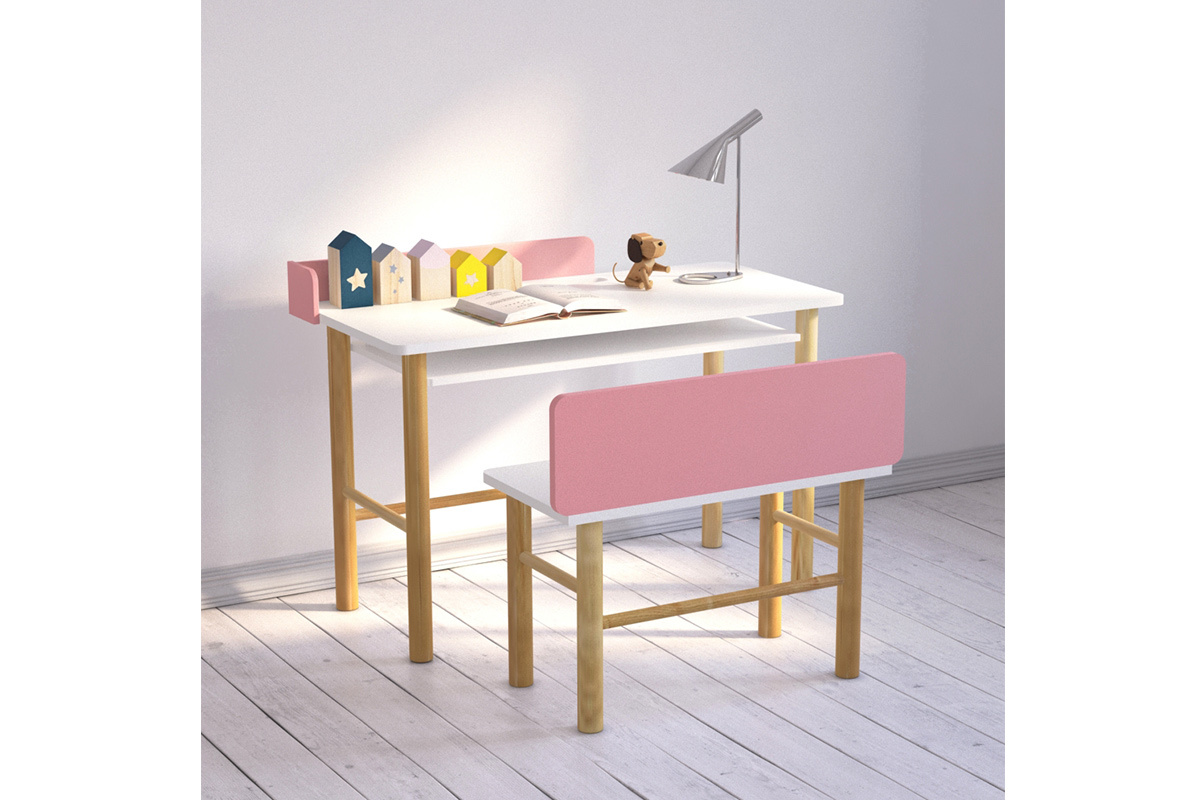 Kinderschreibtisch mit Bank Rosa mit hellem Holz BERTY