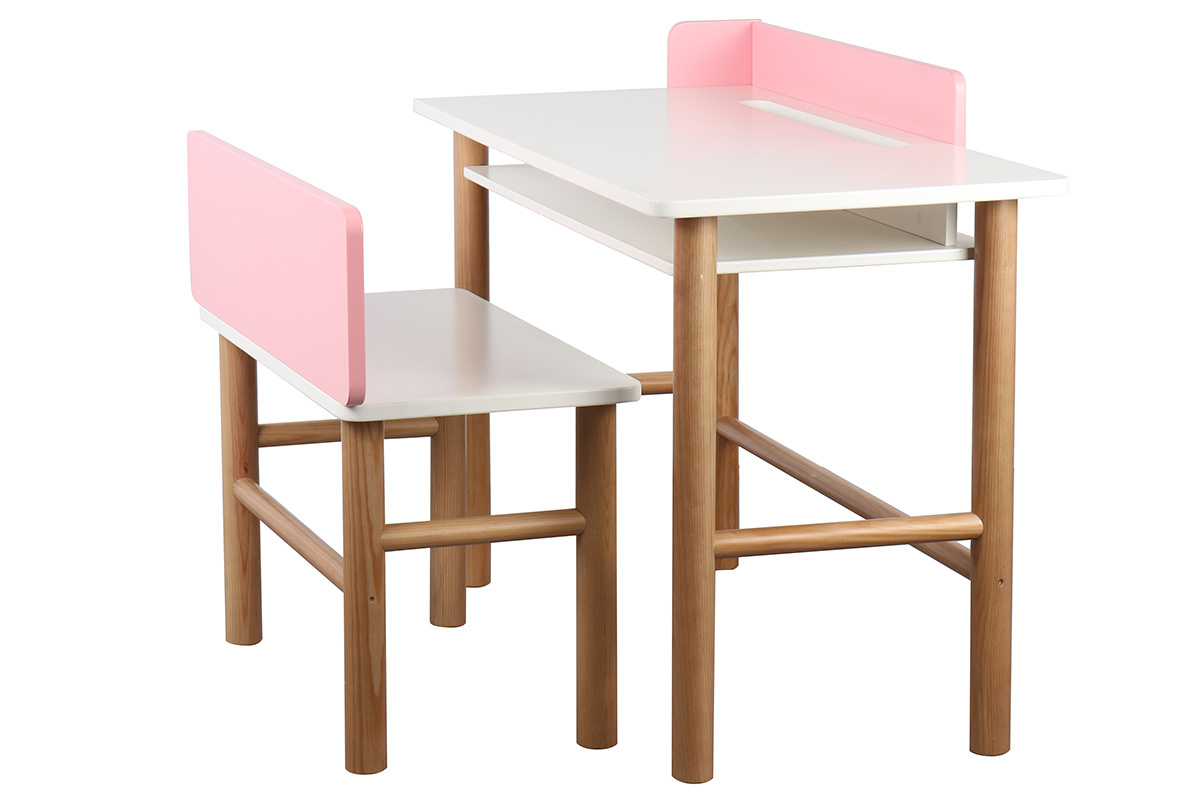 Kinderschreibtisch mit Bank Rosa mit hellem Holz BERTY