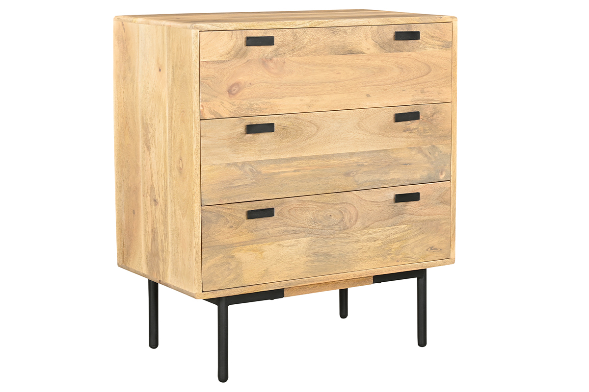 Kommode aus hellem massivem Mangoholz und schwarzem Metall 3 Schubladen B70 cm JUDE