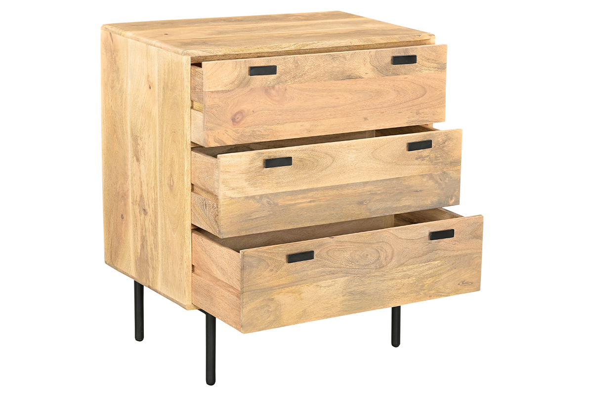 Kommode aus hellem massivem Mangoholz und schwarzem Metall 3 Schubladen B70 cm JUDE