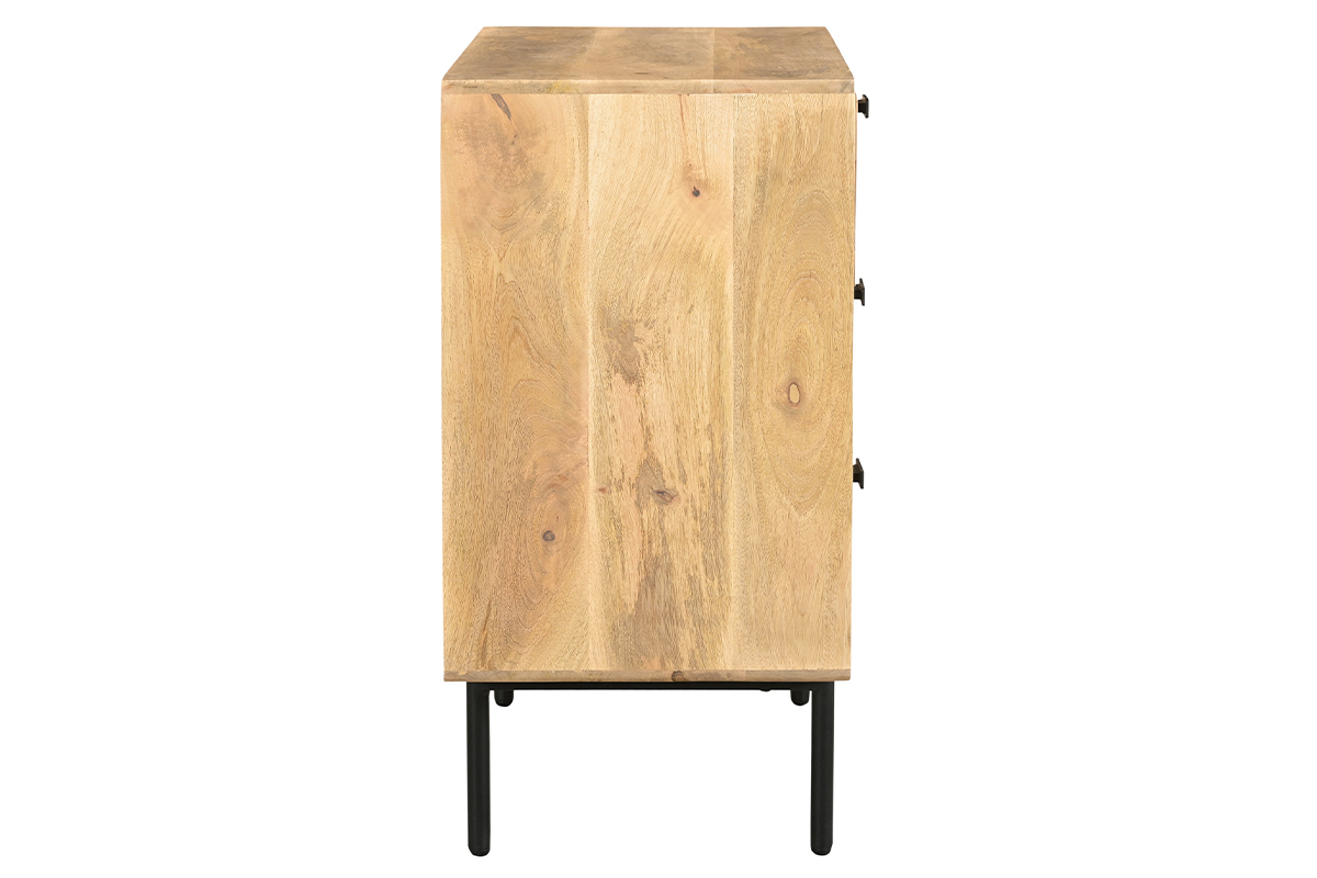 Kommode aus hellem massivem Mangoholz und schwarzem Metall 3 Schubladen B70 cm JUDE