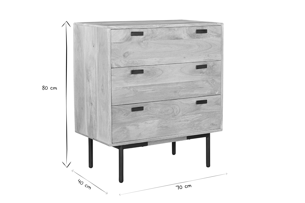 Kommode aus hellem massivem Mangoholz und schwarzem Metall 3 Schubladen B70 cm JUDE