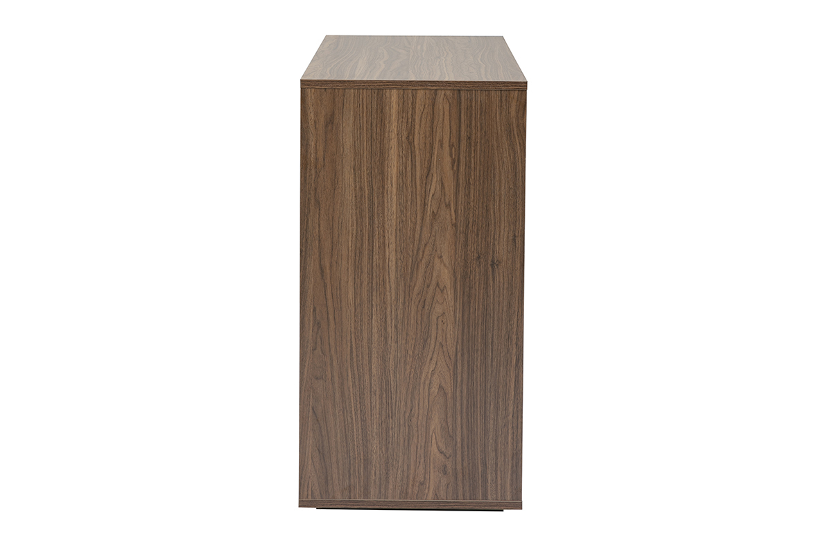 Kommode aus dunklem Nussbaumholz mit 3 Schubladen, Seitenansicht.