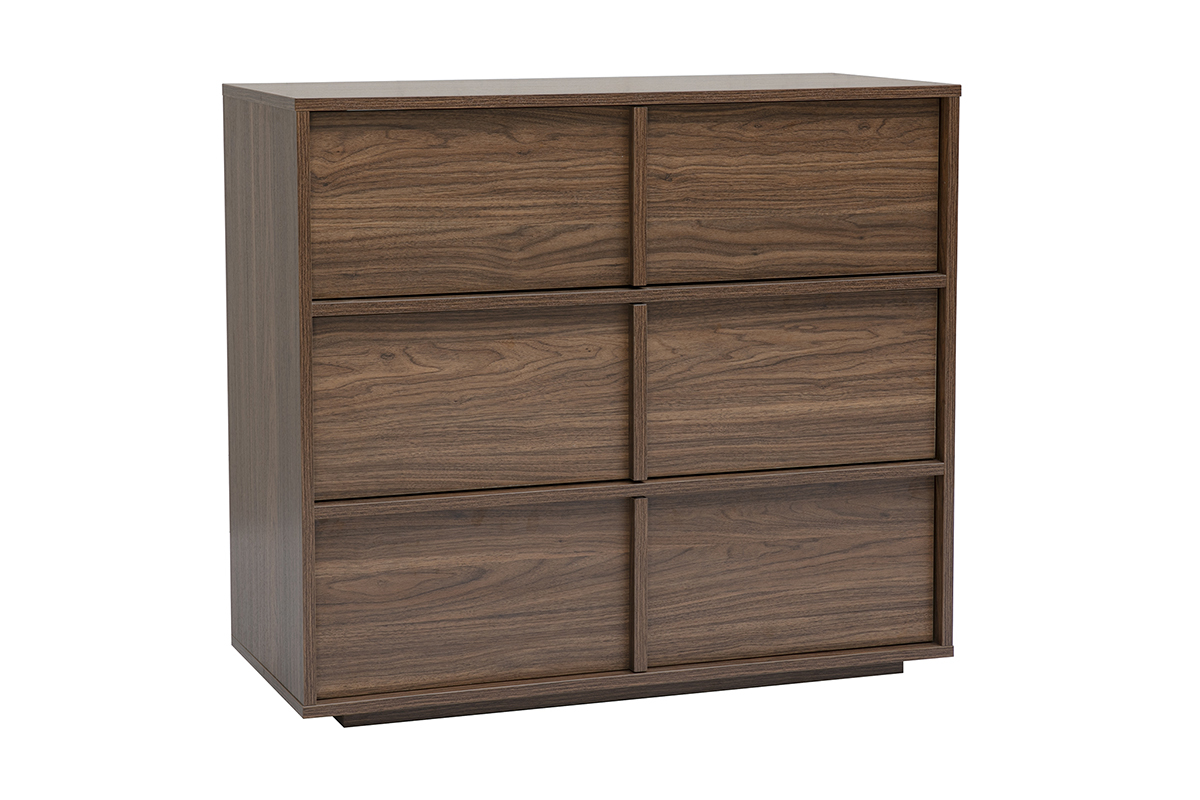 Kommode aus dunklem Nussbaumholz, B90 cm, mit 3 Schubladen, 3/4-Ansicht.