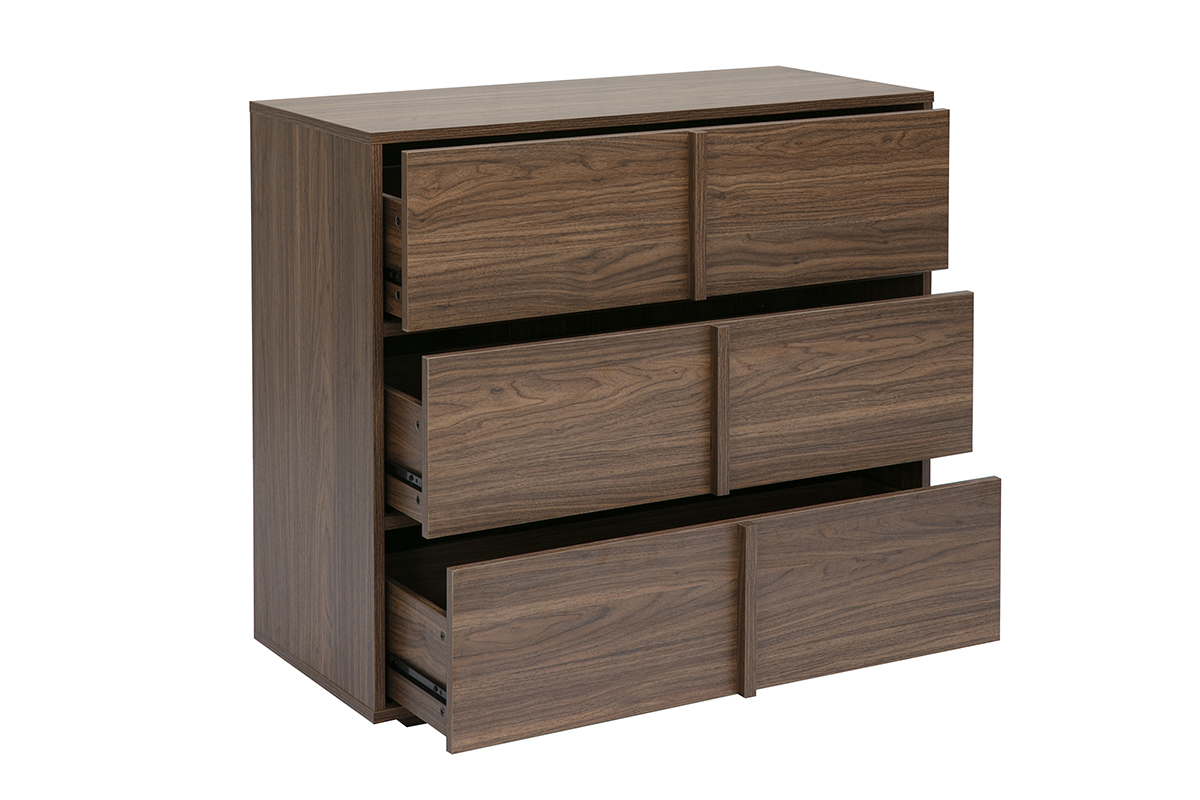 Kommode mit dunkler Holzoberfl�che in Nussbaum mit 3 Schubladen, 3/4-Ansicht, schlichtes Design.