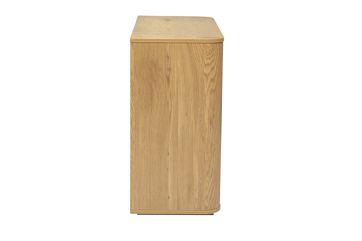 Kommode aus hellem Holz, Eiche, Profilansicht, 3 Schubladen, minimalistischer und moderner Stil.